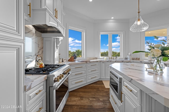 kitchen featuring stainless steel appliances, ornamental molding, light stone countertops, decorative light fixtures, and dark wood-type flooring