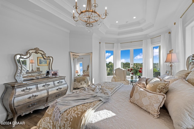 bedroom with dark wood-type flooring, a chandelier, a raised ceiling, and crown molding