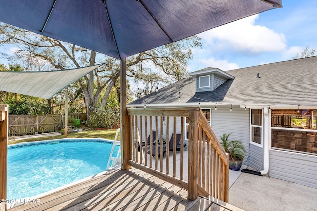 view of pool with a fenced in pool, fence, and a wooden deck