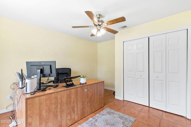 office area featuring visible vents, ceiling fan, baseboards, and light tile patterned floors