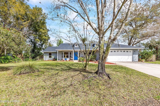 ranch-style house with covered porch, driveway, a front lawn, and an attached garage