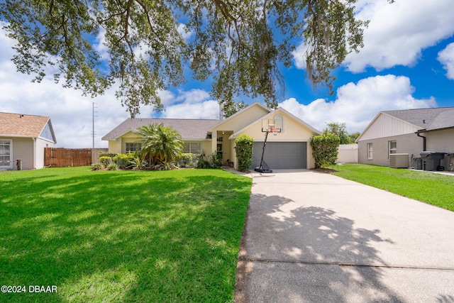 single story home with a front lawn and a garage