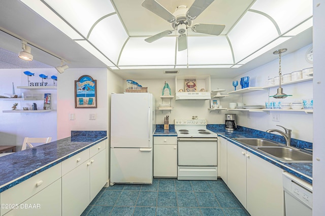 kitchen featuring ceiling fan, sink, track lighting, and white appliances