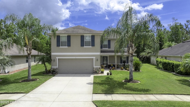 61 Levee Ln, Ormond Beach, FL 32174 - traditional-style home featuring stucco siding, driveway, a garage, a front lawn, and stone siding