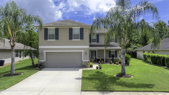 61 Levee Ln, Ormond Beach, FL 32174 - traditional home featuring stucco siding, stone siding, driveway, an attached garage, and a front yard
