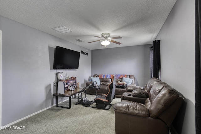 61 Levee Ln, Ormond Beach, FL 32174 - carpeted living area featuring a ceiling fan and a textured ceiling