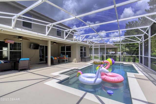 61 Levee Ln, Ormond Beach, FL 32174 - swimming pool with an outdoor hangout area, ceiling fan, a patio, and glass enclosure