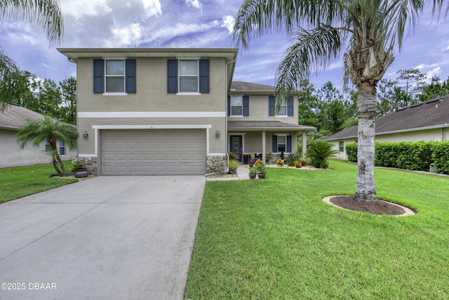 61 Levee Ln, Ormond Beach, FL 32174 - traditional-style home featuring stucco siding, driveway, a garage, a front lawn, and stone siding