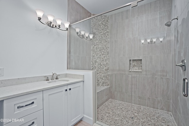 bathroom featuring vanity and a shower with door