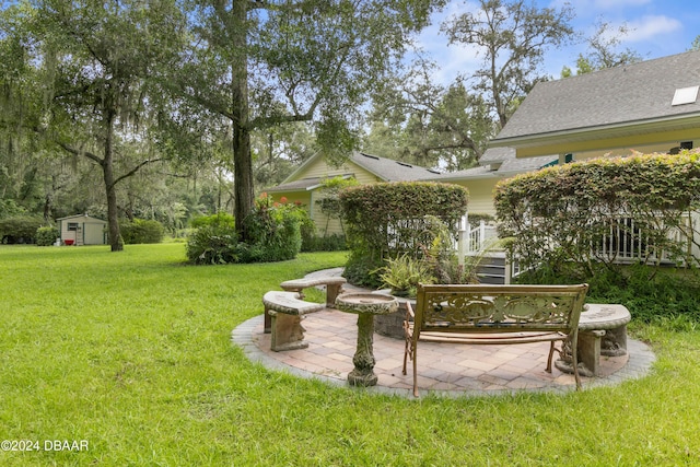 view of yard with a patio, a fire pit, and a storage unit