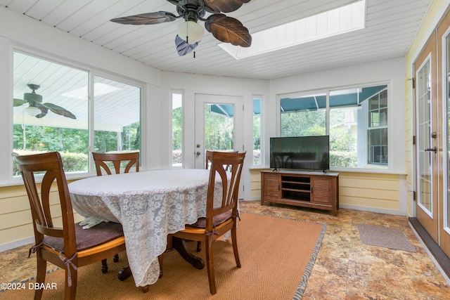 sunroom featuring ceiling fan and wooden ceiling