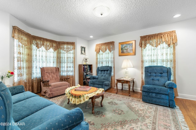 living room featuring a textured ceiling, light hardwood / wood-style flooring, and plenty of natural light