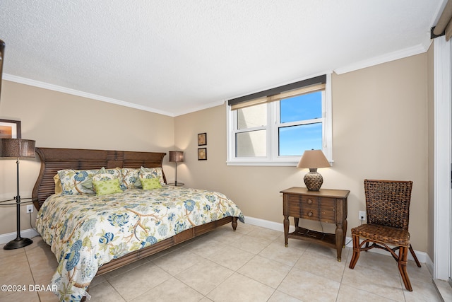 tiled bedroom featuring ornamental molding and a textured ceiling