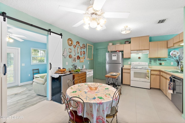 kitchen with a barn door, ceiling fan, appliances with stainless steel finishes, and light brown cabinetry