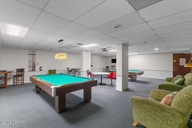 recreation room with billiards, carpet flooring, and a drop ceiling