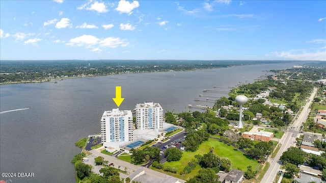 aerial view featuring a water view