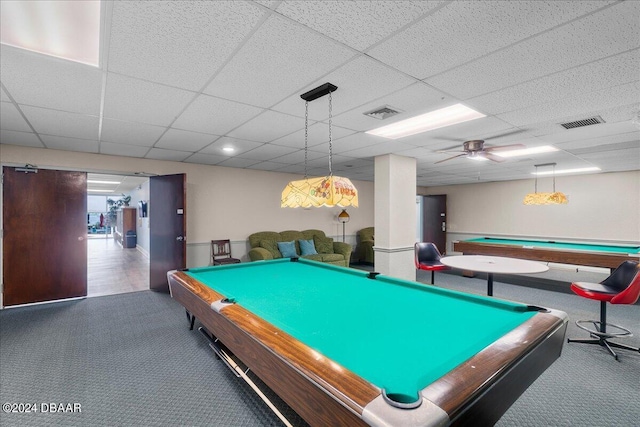 rec room with carpet flooring, a drop ceiling, and billiards