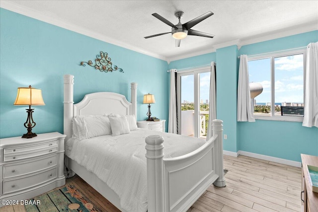 bedroom featuring access to exterior, ceiling fan, light hardwood / wood-style floors, crown molding, and a textured ceiling