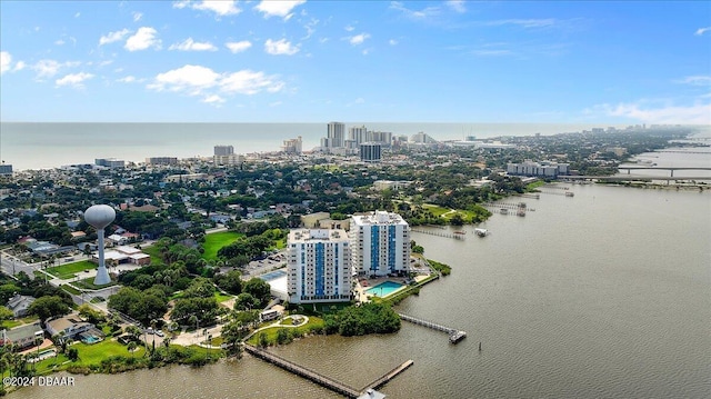 drone / aerial view with a water view