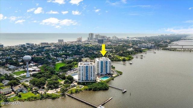 aerial view featuring a water view