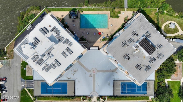 aerial view featuring a water view