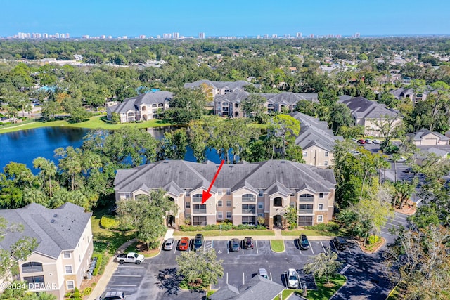 aerial view featuring a water view