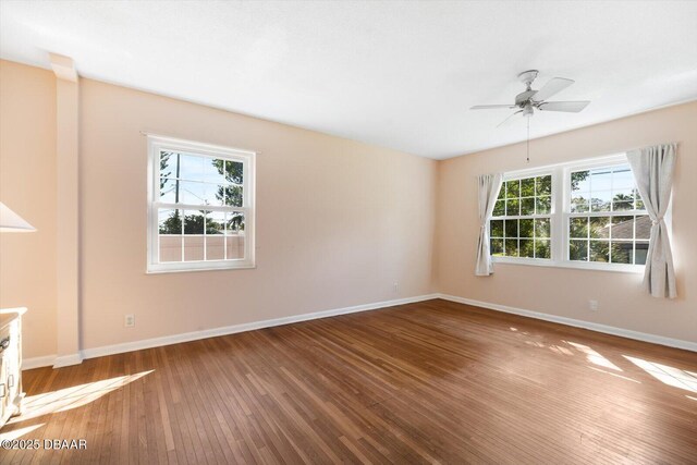 spare room featuring wood-type flooring and ceiling fan