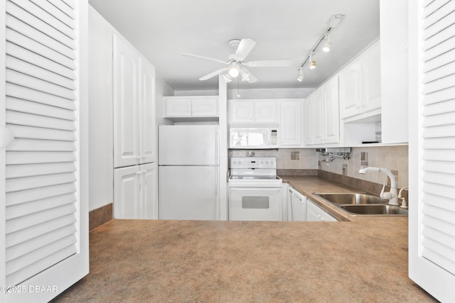 kitchen with white cabinetry, ceiling fan, tasteful backsplash, white appliances, and sink