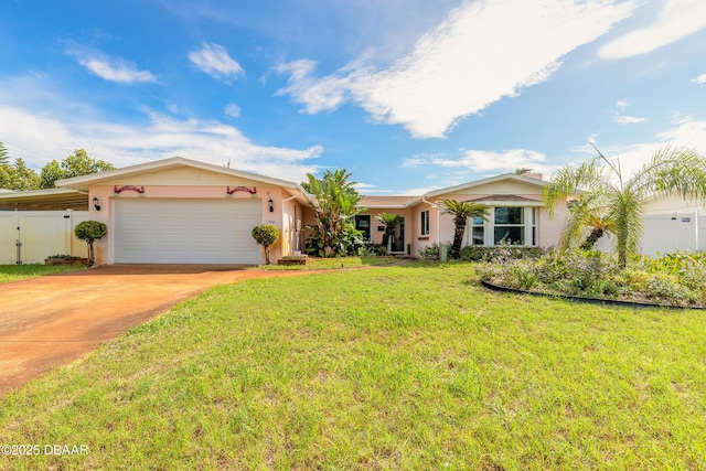 ranch-style house featuring a garage and a front lawn