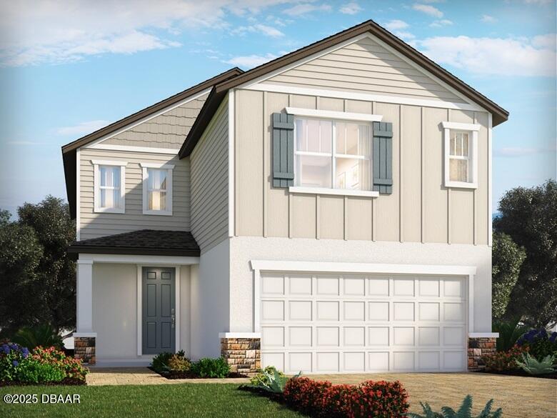 169 Links Terrace Blvd, Daytona Beach, FL 32124 - view of front of home with a garage, stone siding, driveway, roof with shingles, and a front lawn
