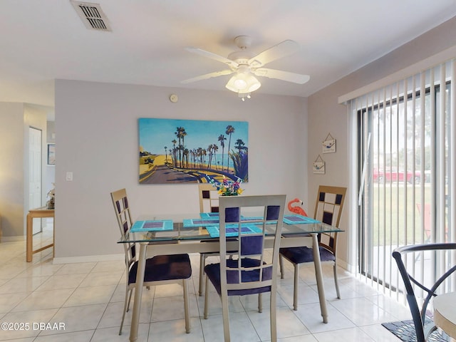 dining room with a ceiling fan, visible vents, baseboards, and light tile patterned flooring