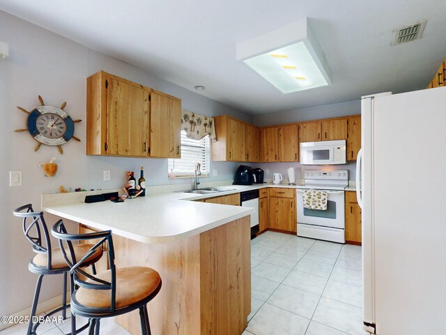 kitchen featuring a peninsula, white appliances, a sink, visible vents, and light countertops