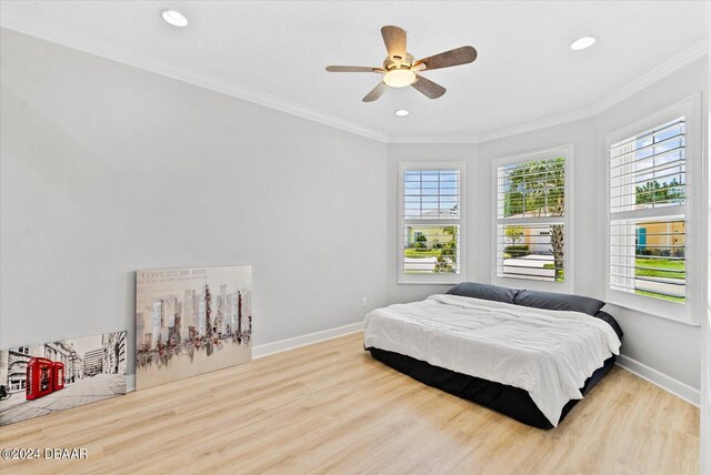 374 Lost Shaker Way, Daytona Beach, FL 32124 - bedroom featuring wood finished floors, crown molding, baseboards, recessed lighting, and ceiling fan