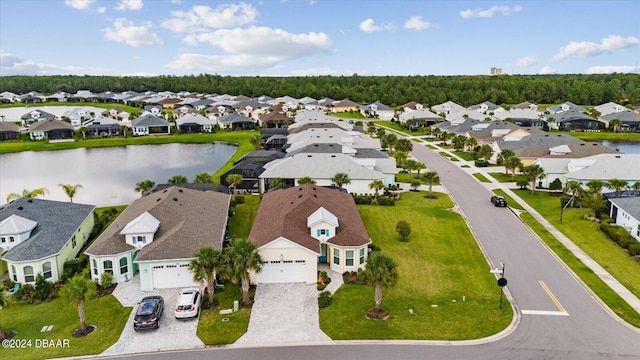 bird's eye view with a water view