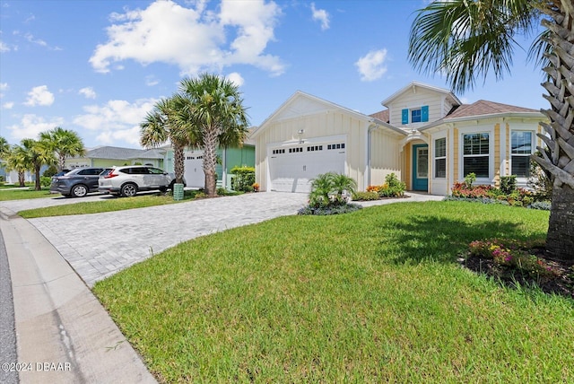 374 Lost Shaker Way, Daytona Beach, FL 32124 - view of front facade featuring decorative driveway, an attached garage, board and batten siding, and a front lawn