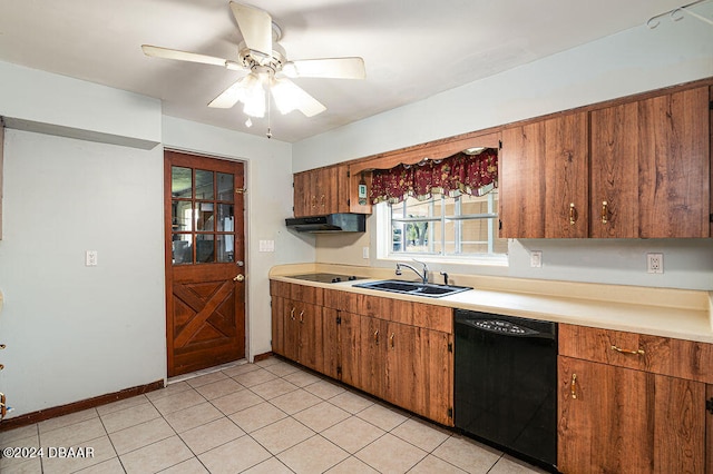 kitchen with light tile patterned floors, ceiling fan, sink, and dishwasher