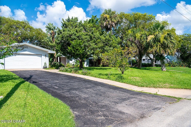 view of front of house with a front yard and a garage