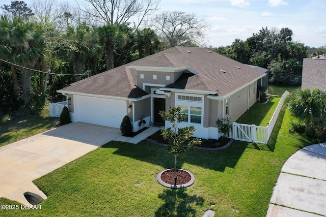 5 Chippeway Ct, Palm Coast, FL 32137 - view of front of home with stucco siding, an attached garage, driveway, roof with shingles, and a gate