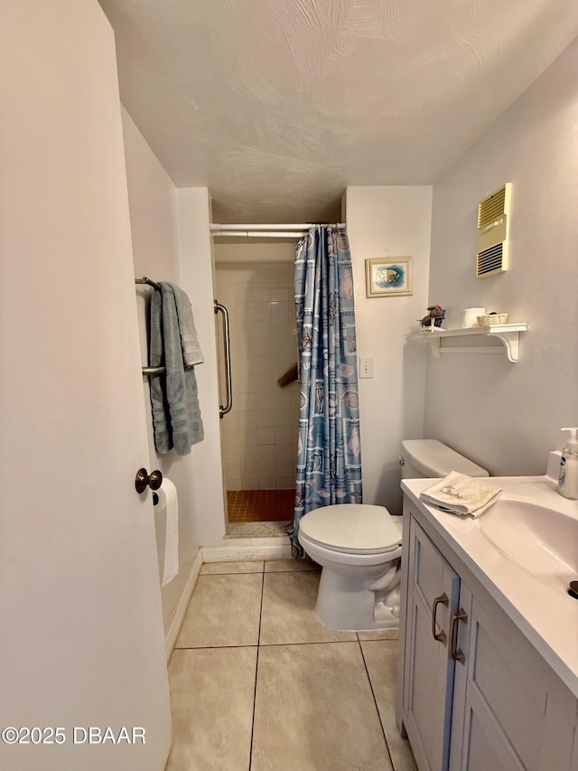 3800 S Atlantic Ave Unit 2010, Daytona Beach Shores, FL 32118 - bathroom with a stall shower, tile patterned floors, toilet, heating unit, and vanity