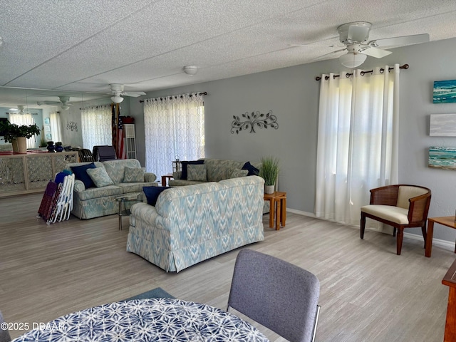 3800 S Atlantic Ave Unit 2010, Daytona Beach Shores, FL 32118 - living room with a ceiling fan, wood finished floors, a textured ceiling, and baseboards
