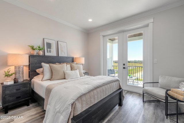 bedroom featuring ornamental molding, hardwood / wood-style flooring, access to exterior, and french doors