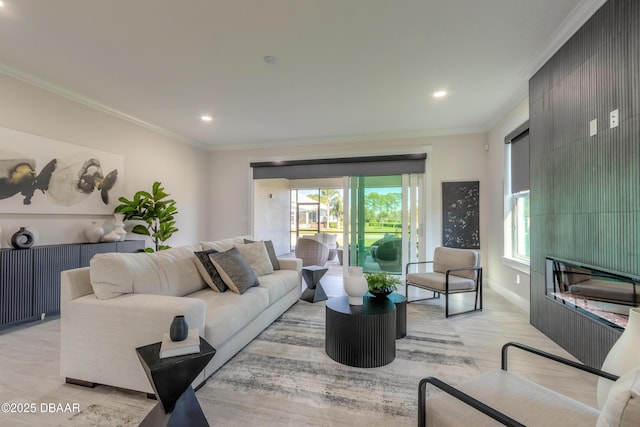 living room featuring light hardwood / wood-style floors and ornamental molding