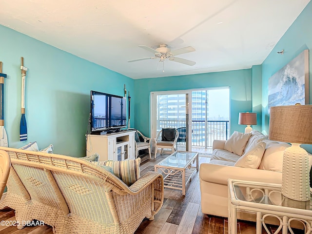 living room featuring ceiling fan