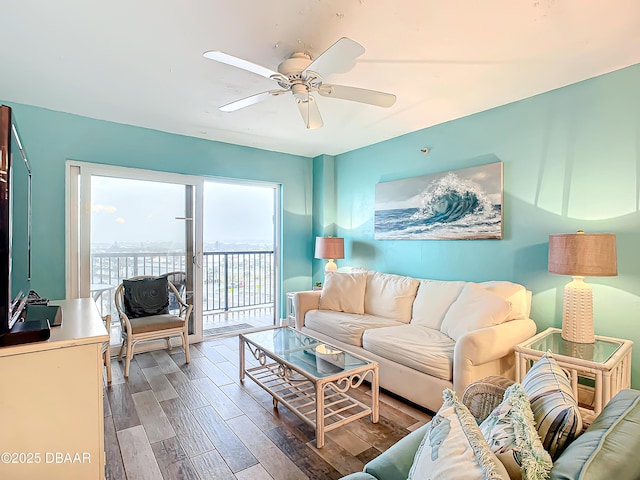 living room featuring ceiling fan