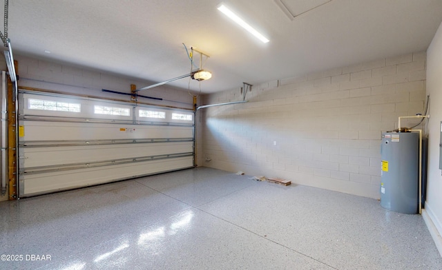 garage with a garage door opener and water heater