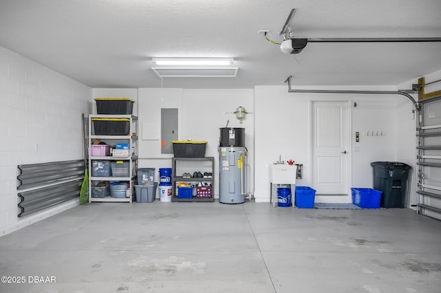 garage featuring a garage door opener, electric panel, and electric water heater