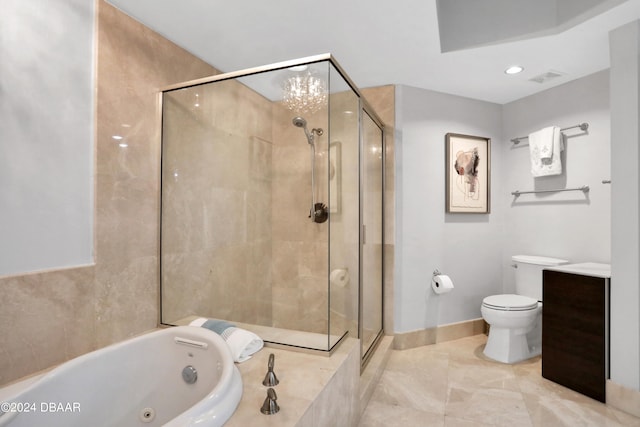 full bathroom featuring vanity, shower with separate bathtub, an inviting chandelier, and toilet