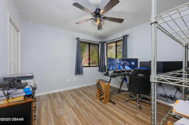1635 Magnolia Ave, South Daytona, FL 32119 - office area featuring ceiling fan, a textured ceiling, baseboards, and wood finished floors