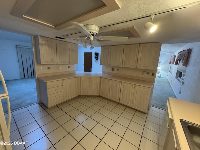 kitchen with light colored carpet, light countertops, and light brown cabinets