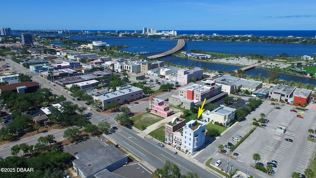 drone / aerial view featuring a water view